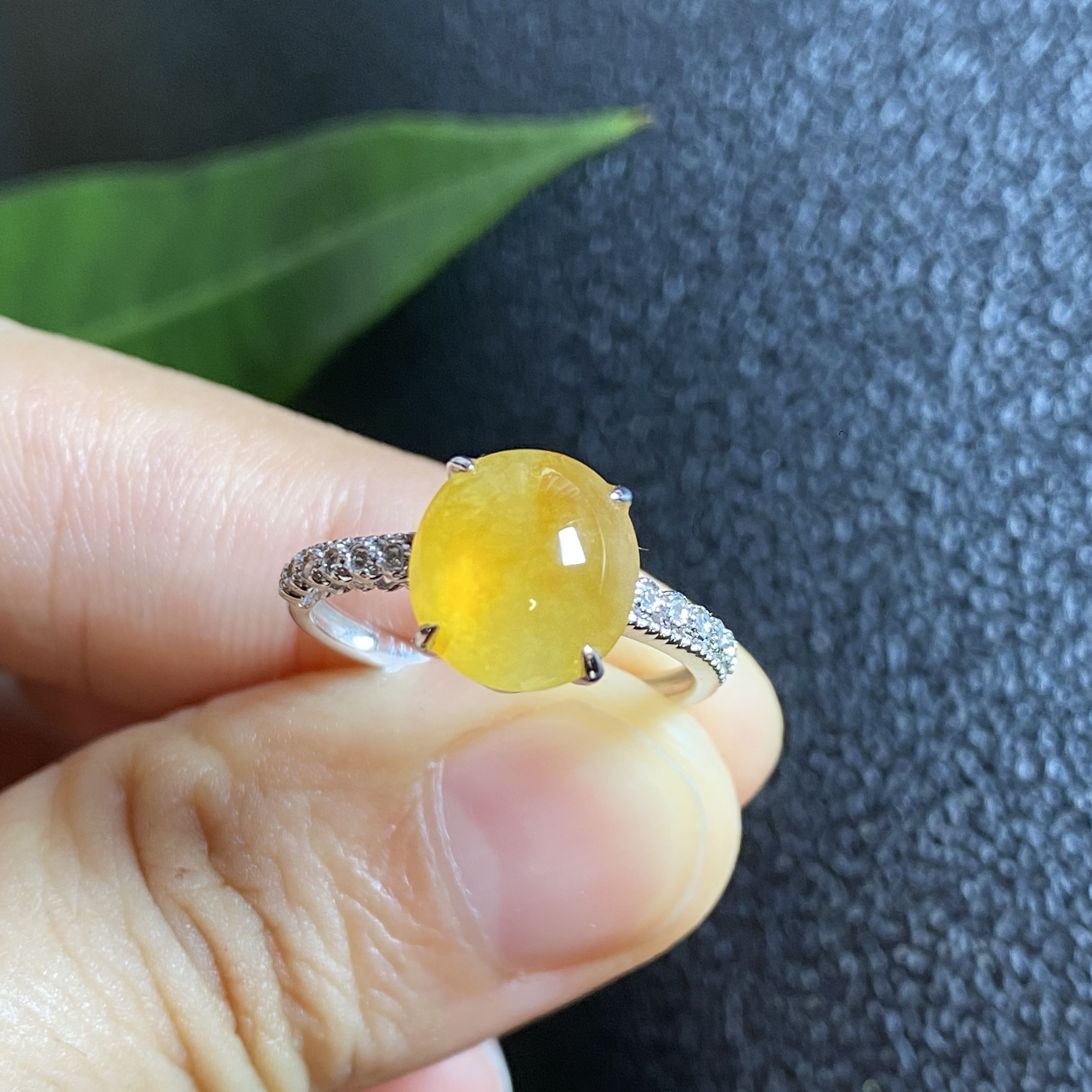 掌中翠缅甸天然翡翠A货冰种起胶黄翡蛋面戒指18K金镶嵌女款 0096