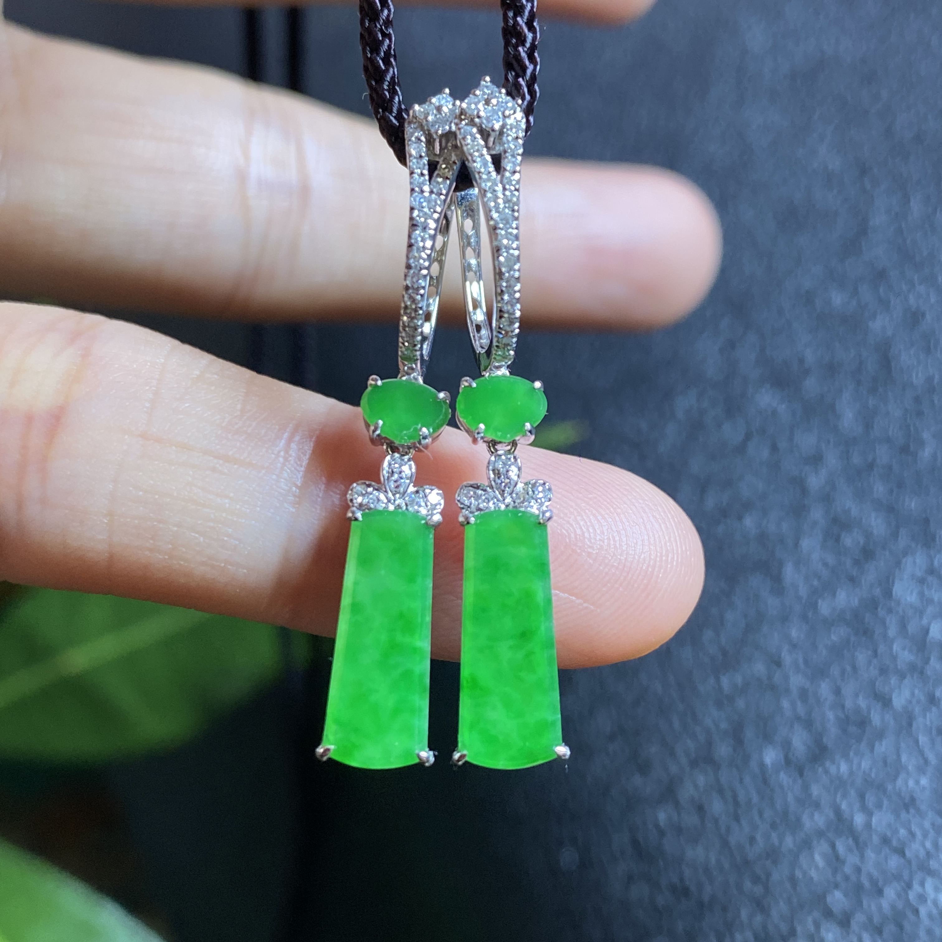 掌中翠缅甸天然翡翠A货冰种满绿色无事牌耳环18K金女款耳坠 0404