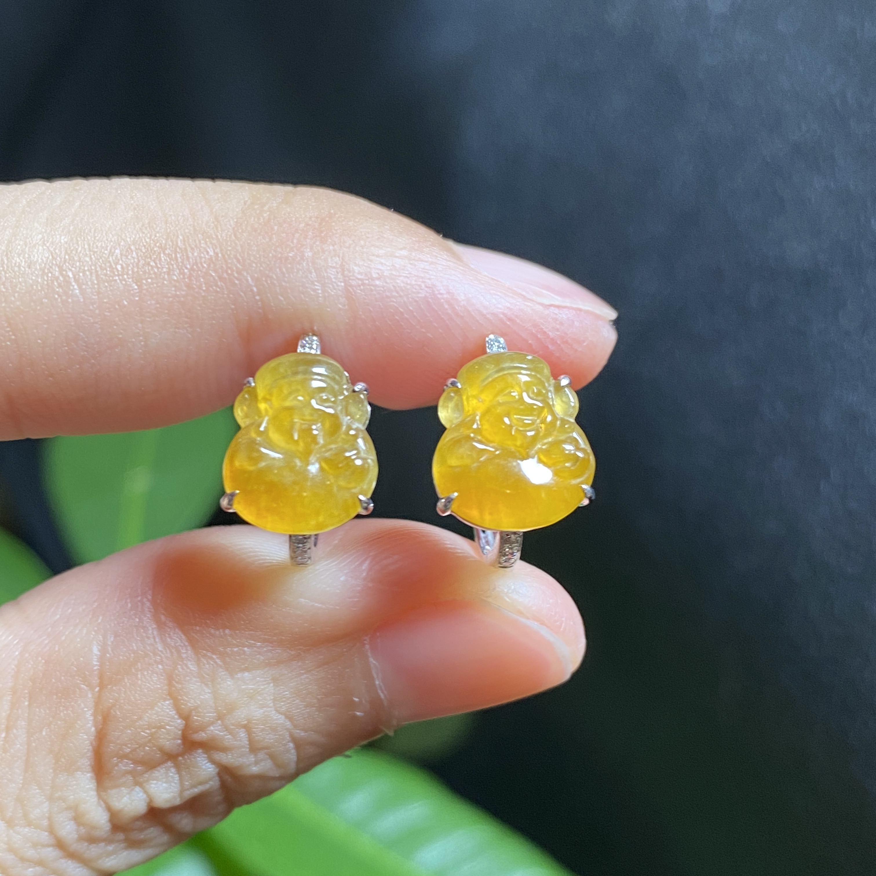 缅甸天然翡翠A货冰种天然黄翡小财神耳钉18K金女款耳扣 7862