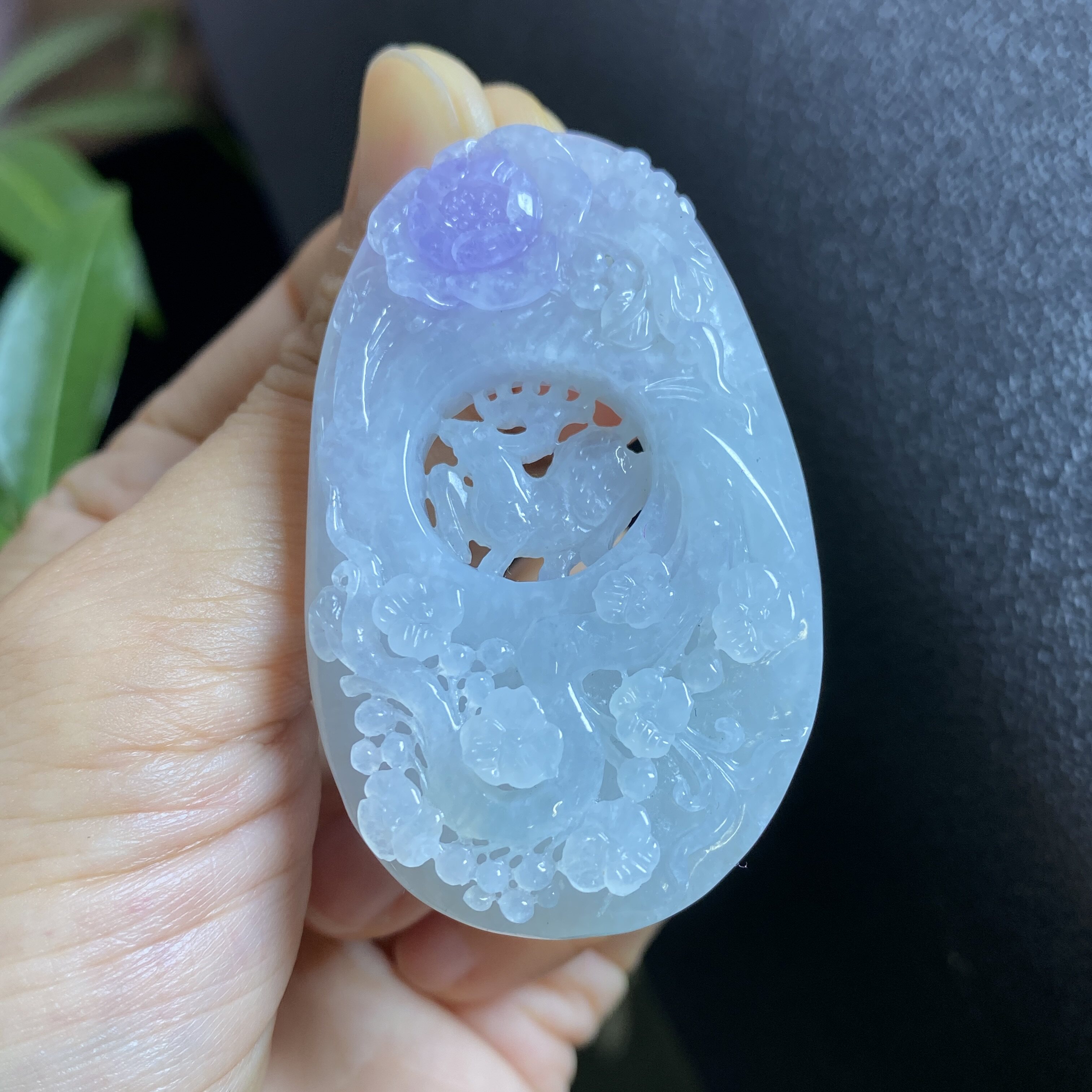 缅甸冰种翡翠A货紫罗兰花鸟鹿牌吊坠挂件玉佩毛衣链 0192