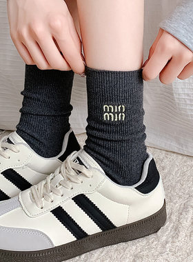 堆堆袜子女春秋款纯棉miu系中筒袜灰色白色长筒袜春夏季ins潮韩版