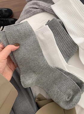 灰色袜子女中筒袜春夏季薄款纯棉白色夏天堆堆袜miu系长袜老爹鞋