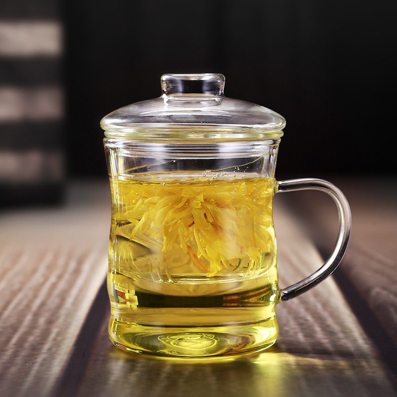高硼硅玻璃花茶杯带盖办公竹节三件杯家用透明玻璃茶水分离泡茶杯
