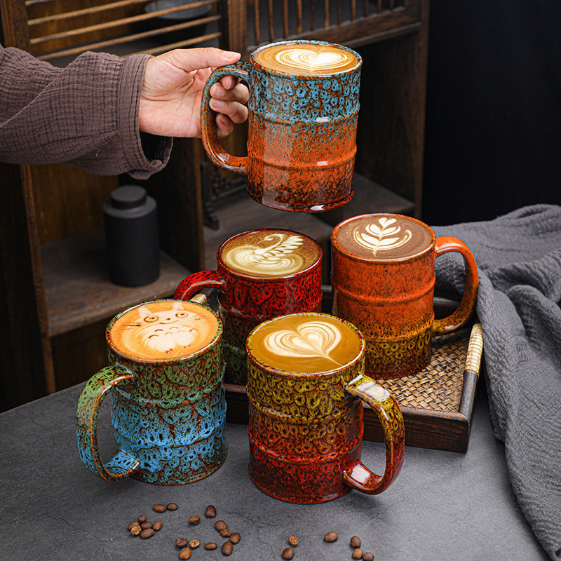 跨境热卖窑变油桶杯大容量陶瓷马克杯创意咖啡杯个人水杯小额