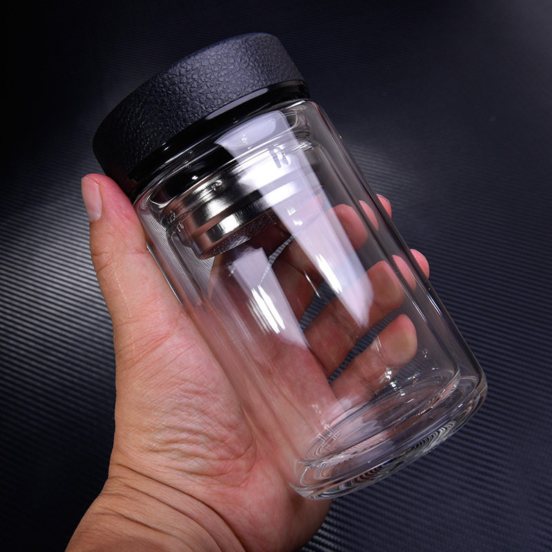 厂家直销双层玻璃杯便携皮纹盖透明水杯矮胖茶杯个性创意杯子印制