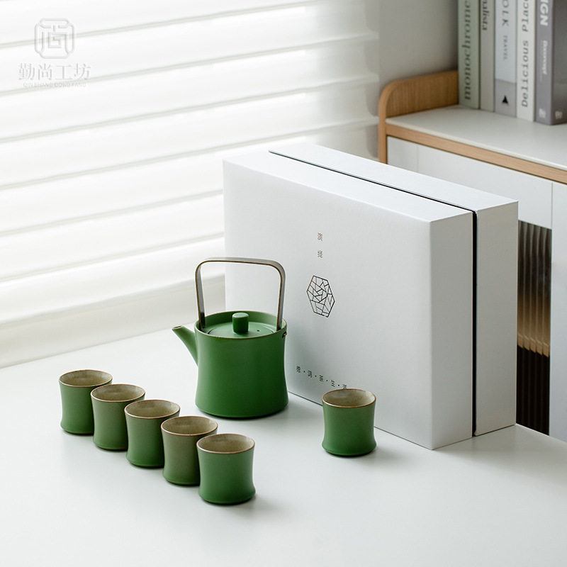 竹青釉一壶六杯家用功夫茶具套组创意陶瓷泡茶壶茶杯整套礼盒装