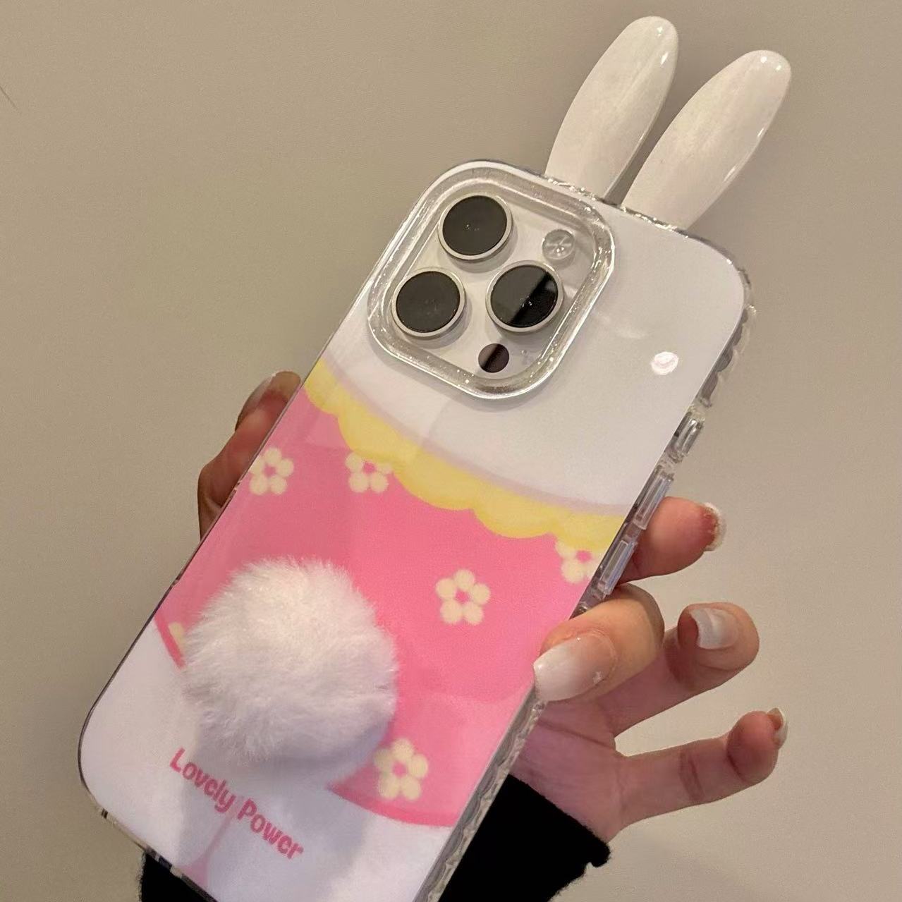 卡通立体兔耳碎花粉裙小兔子毛绒尾巴iPhone16promax苹果15手机壳少女心软萌甜美防摔保护壳