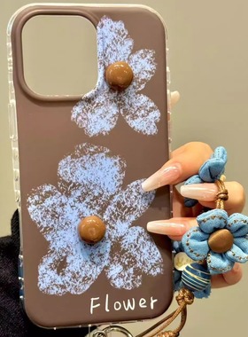 唯美ins棕底白色立体花蕊适用iphone17prom苹果16p手机壳15新款14小清新创意防摔保护壳
