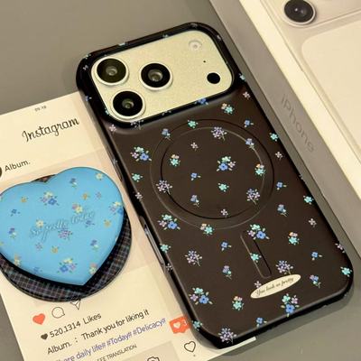 田园风黑底蓝白碎花磁吸适用于iphone17promax苹果16手机壳15新款小众简约设计感防摔保护壳