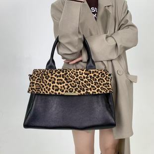 女士个性 街头豹纹拼接托特包大容量复古单肩斜挎包