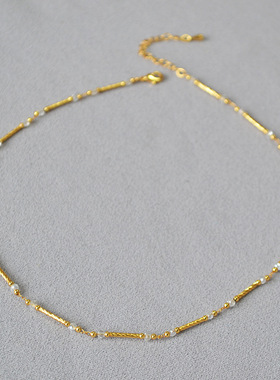 韩国小众设计黄铜镀金闪亮批花管白色水晶串珠简约时尚个性项链女