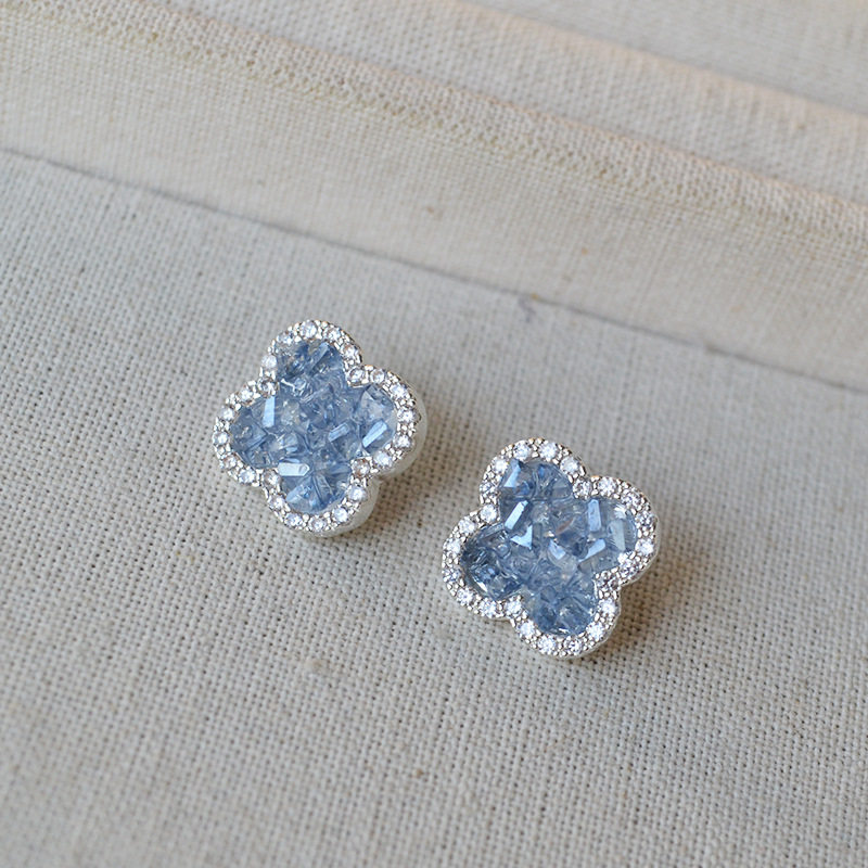 海蓝碎钻四叶草耳钉小众清新