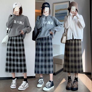 实拍格子半身裙女中长款 松紧腰显瘦后开叉长裙 a字秋冬2022年新款