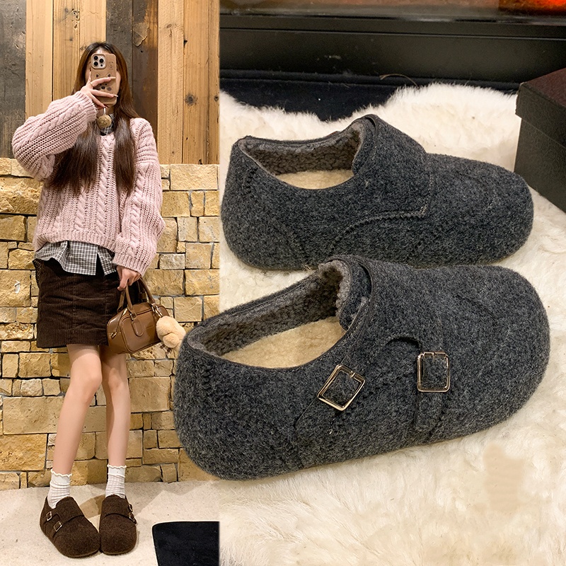 灰色毛呢加绒勃肯鞋女保暖棉鞋