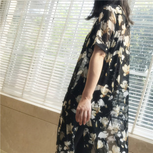 真丝印花连衣裙欧美大码衬衫宽松桑蚕丝透视立领开衫外套女中长裙