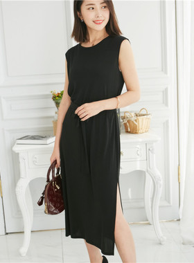 真丝针织加捻黑色高克重性感侧开叉连衣裙女新款圆领系带收腰长裙