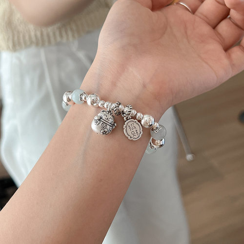 槐序HX【猫咪系列】999足银海蓝宝招财猫手链女时尚国风设计手串
