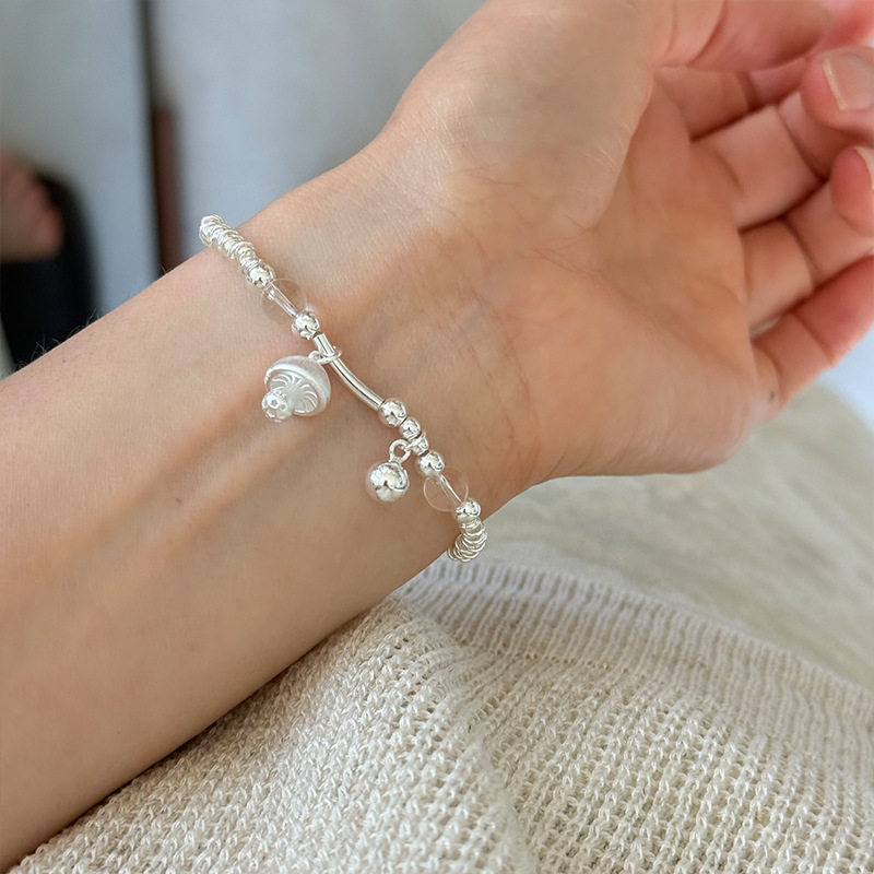 槐序HX【蘑菇系列】925纯银磨砂蘑菇银环银珠手链女简约时尚手串