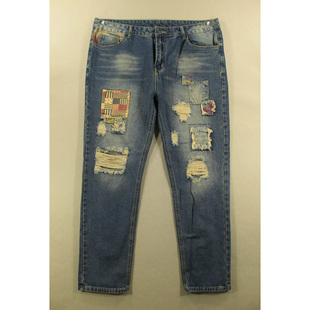 朋克破洞贴布锥形高腰修身 欧版 小脚长裤 W303 牛仔裤 7505 男38码