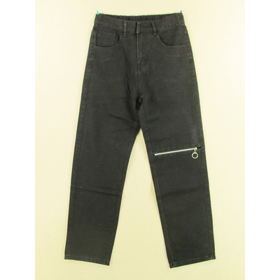 牛仔裤男30码修身直筒松紧腰黑色膝盖拉链KHCO长裤子W301/3805-20