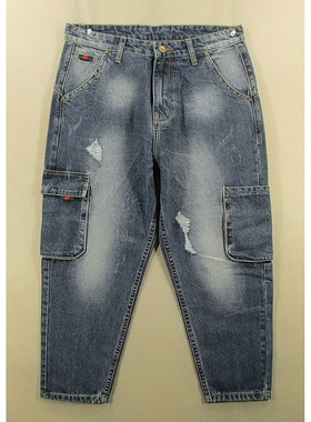 牛仔裤九分裤多兜宽松小脚破洞萝卜裤男裤子全新品*J104/59510-13