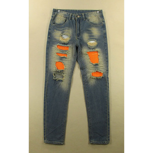 男28码 7513 日系复古破洞补丁锥形裤 小脚L204 中腰修身 牛仔裤