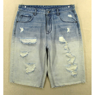 牛仔中裤五分裤男32码破洞泛黄乞丐夏短裤子KHCO包邮S208/8235-03