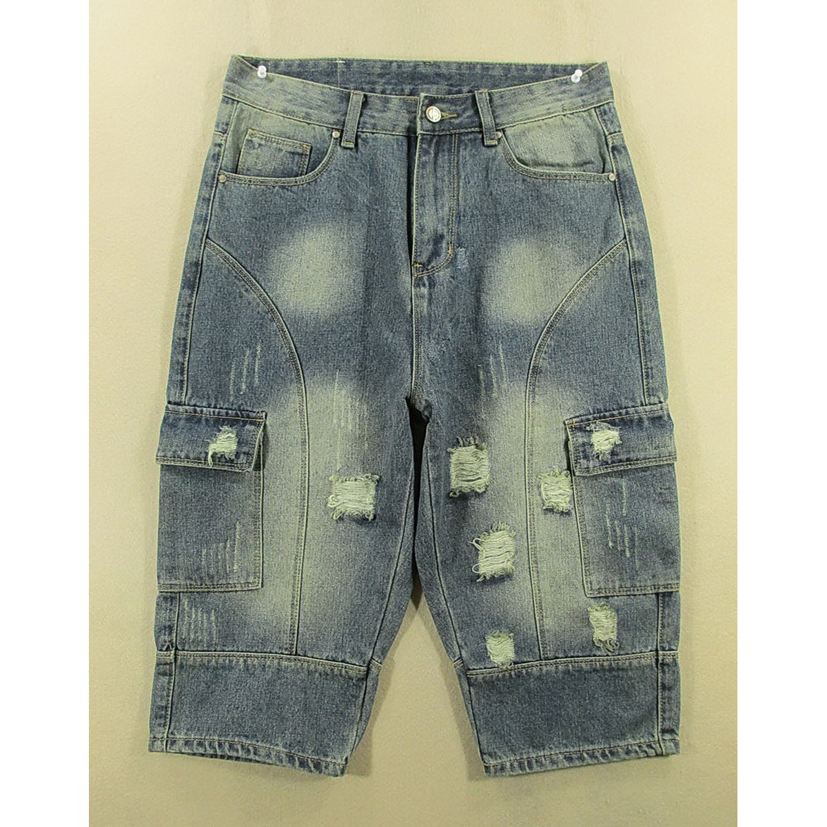 牛仔中裤七分裤男30码多兜工装裤破洞夏款全新品R107/38533-06