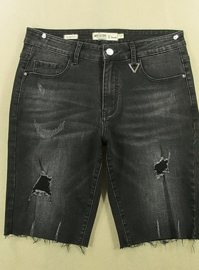 牛仔中裤五分裤男30码黑色弹力修身破洞短裤夏款新D104/38531-11