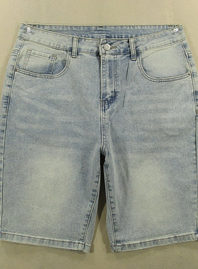 牛仔中裤五分裤男32码弹力修身补丁短裤夏款全新品F106/52537-13