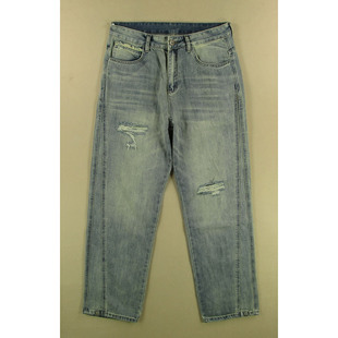 男32码 7501 宽松破洞复古洗水薄侧条纹长裤 Z101 子全新品 牛仔裤