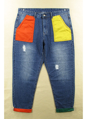 14*68681/P104*牛仔裤男欧版撞色破洞潮流萝卜裤老爹裤哈伦裤包邮