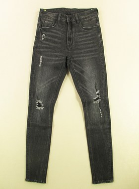 牛仔裤男27码弹力修身小脚裤破洞黑色长裤子全新品S401/68501-13