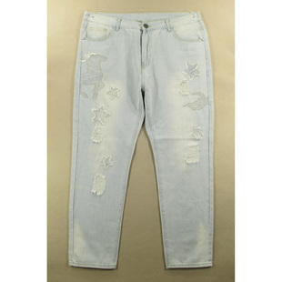 7516 牛仔裤 朋克破洞补丁复古高腰宽松直筒F104 欧版 男38码