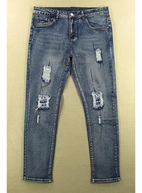 牛仔裤男长裤束脚欧版朋克破洞高腰弹力修身小脚L307/2282*17