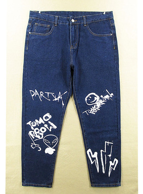 02*68682/P104*牛仔裤男欧版涂鸦潮流修身小脚萝卜裤老爹裤哈伦裤