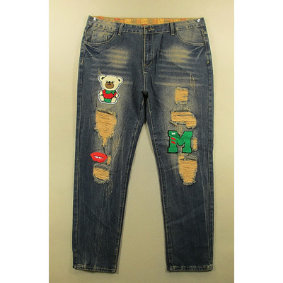 牛仔裤男40码宽松锥形破洞加大码补丁长裤子全新品*W108/38503-05