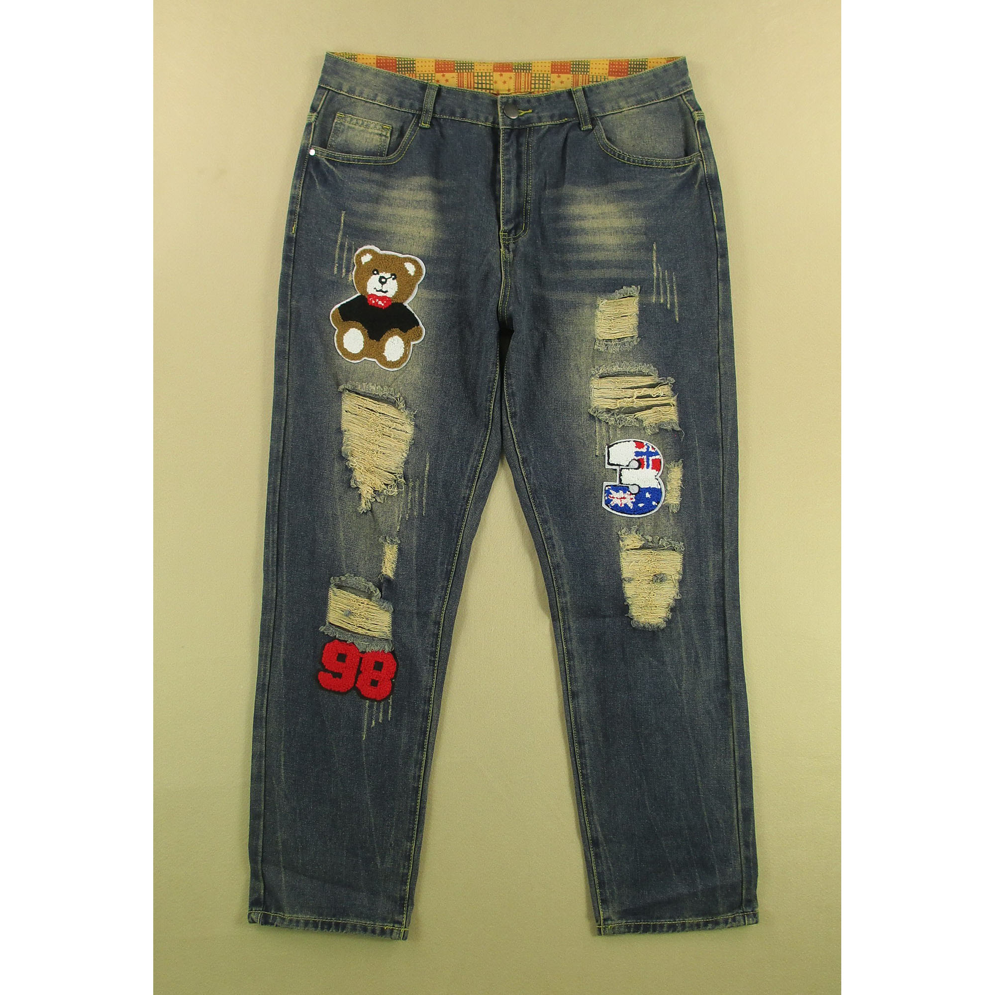 破洞宽松锥形补丁牛仔裤