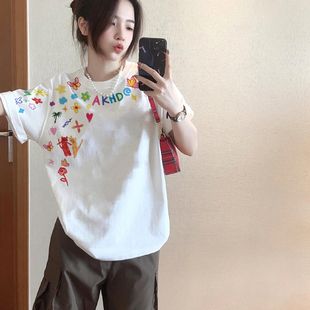 纯棉宽松慵懒风小众半袖 美式 夏季 高街潮牌短袖 上衣t t恤女2025新款