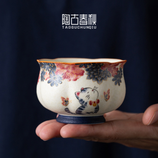 繁貓青花巖礦白茶杯陶瓷主人茶杯單杯個(gè)人專用高檔復(fù)古品茗杯茶盞