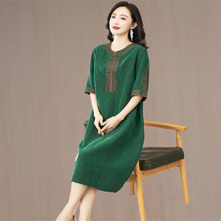 国风香云纱连衣裙女夏季中年妈妈桑蚕丝真丝刺绣过膝长款t恤裙子