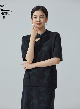 东黎 溯源款【竹影】中式风五分袖精纺丝绒上衣针织印花短袖 3546