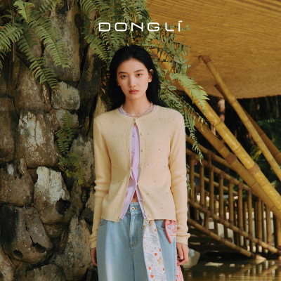 东黎山羊绒桑蚕丝混纺钉珠开衫