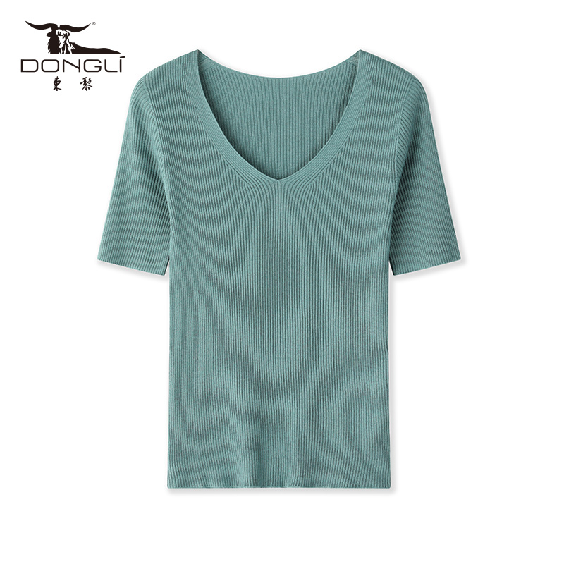 东黎丝绒短袖修身V领百搭