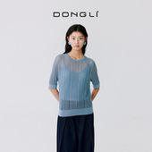 海风 波光透影 夏季 东黎温柔 女士轻薄抽条镂空圆领短袖 T恤5208