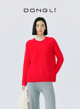 东黎 山羊绒 女士秋冬季新款红色拉绒套头毛衣厚款拉绒针织衫4938