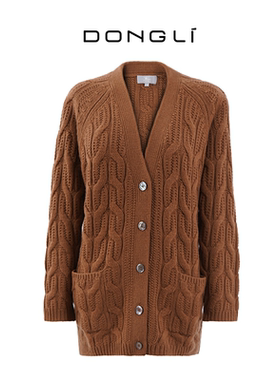 东黎山羊绒 2026季女春秋士绞花V领开衫插肩袖重磅针织外套19C16