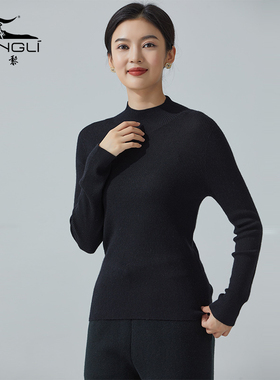 东黎丝绒款 女士精纺山羊绒桑蚕丝针织衫小半高领抽条打底衫3705