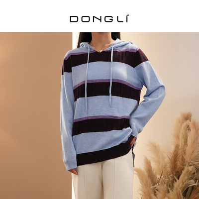 东黎连帽宽松条纹长袖卫衣套衫