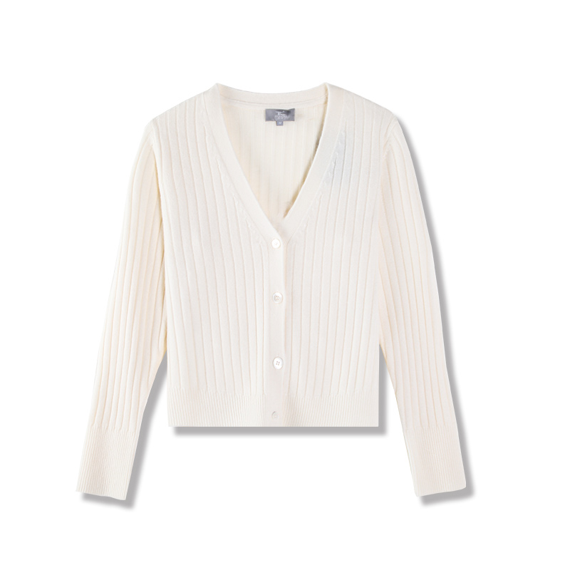 东黎V领抽条长袖针织开衫